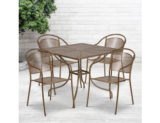 35.5" Square Gold Indoor-Outdoor Steel Patio Table Set with 4 Round Back Chairs