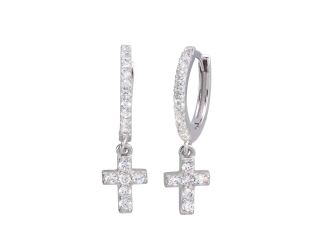 PARIKHS Rhodium Plated Dangling Cross CZ Huggie Earring in 925 Sterling Silver