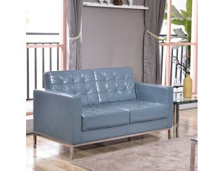 Button Tufted Gray LeatherSoft Loveseat w/Integrated Stainless Steel Frame