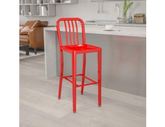 30" High Red Metal Indoor-Outdoor Barstool with Vertical Slat Back