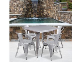 31.5" Square Silver Metal Indoor-Outdoor Table Set with 4 Arm Chairs