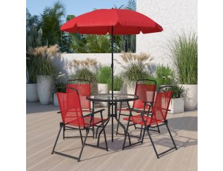 6 Piece Red Patio Garden Set with Umbrella Table and Set of 4 Folding Chairs