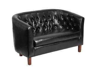 Black LeatherSoft Upholstered Button Tufted Loveseat with Mahogany Legs
