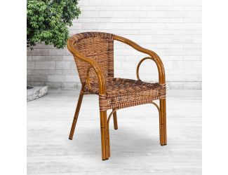Burning Brown Rattan Restaurant Patio Chair with Dark Red Bamboo-Aluminum Frame