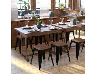 Set of 4 Black 18" Table Height Indoor Stackable Metal Stool with Wood Seat