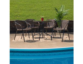 28" RD Glass Metal Table w/ Dk Brown Rattan Edging & 4 Dk Brown Rattan Chairs