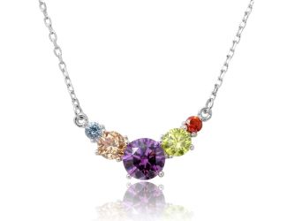 PARIKHS Rhodium Plated V Shaped Multi-Color Round CZ Necklace in 925 Sterling Silver