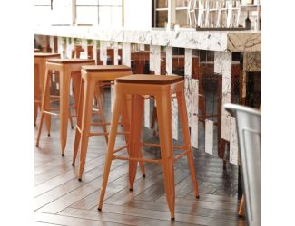 Indoor/Outdoor Backless Bar Stool with Poly Seat - Orange/Teak