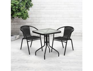 23.5" Square Glass Metal Table with 2 Black Rattan Stack Chairs