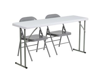 5-Foot Plastic Folding Training Table Set with 2 Gray Metal Folding Chairs