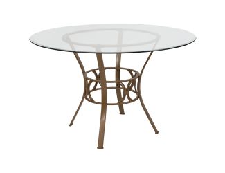 48" Round Glass Dining Table with Crescent Style Matte Gold Metal Frame