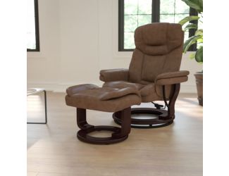 Gray LeatherSoft Multi-Position Recliner &Curved Ottoman w/Mahogany Wood Base
