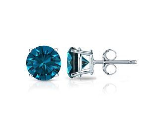 PARIKHS Blue Round AA Quality Diamond Stud in White Gold over Sterling Silver, 0.18ct