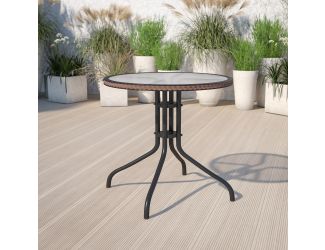 28" Round Tempered Glass Metal Table with Dark Brown Rattan Edging