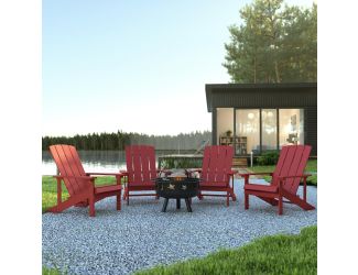 Star and Moon Fire Pit with Mesh Cover & 4 Red Poly Resin Adirondack Chairs