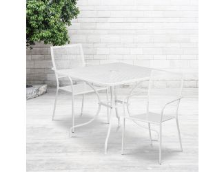 35.5" Square White Indoor-Outdoor Steel Patio Table Set w/ 2 Square Back Chairs