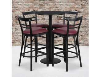 24" Round Black Laminate Table with Round Base & 4 Ladder Back Metal Barstools