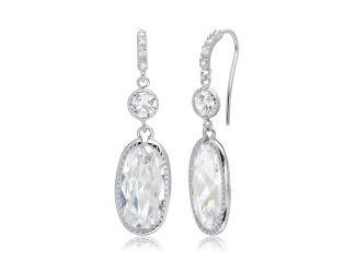 PARIKHS Rhodium Plated Hanging Oval CZ Earring in 925 Sterling Silver