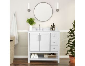 36 Inch Bathroom Vanity with Sink, Open Storage, and Storage Drawers in White