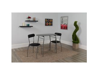 3 Piece Space-Saver Bistro Set with Black Glass Top Table & Black Vinyl Chairs