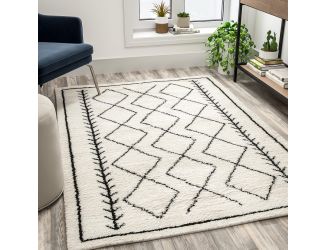 5' x 7' Ivory & Black Geometric Bohemian Shag Rug