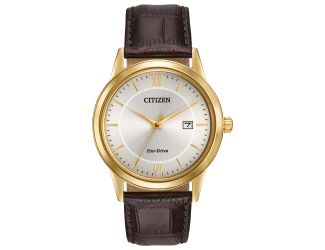 Men's Eco-Drive Watch, Brown Leather Strap, Ivory Dial with Gold Accents