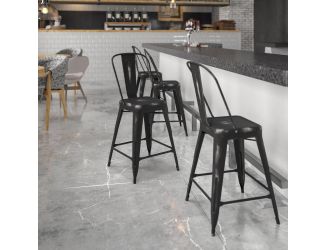 24" High Distressed Black Metal Indoor-Outdoor Counter Height Stool with Back