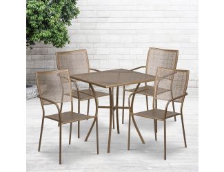 28" Square Gold Indoor-Outdoor Steel Patio Table Set with 4 Square Back Chairs