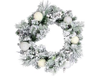 24-in. Christmas Snow Covered Wreath with Glitter Ornaments, Leaves and Berries