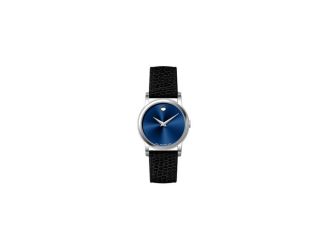 Ladies Museum Classic Silver & Black Textured Leather Strap Watch Blue Dial