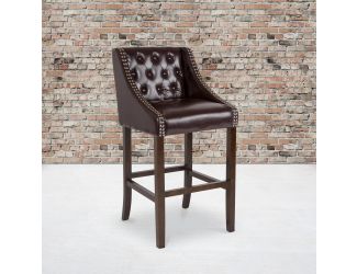30" High Tufted Walnut Barstool with Accent Nail Trim in Brown LeatherSoft