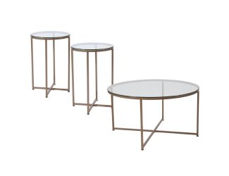 Clear Glass Table Set with Brushed Gold X Metal Frame-Coffee Table-2 End Tables