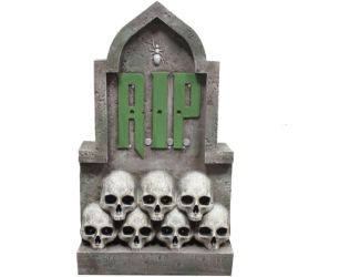 2-Ft. RIP Tombstone with Skulls Prelit LED Resin Figurine, Indoor or Covered Outdoor Halloween Decor