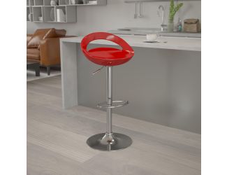 Red Plastic Adjustable Height Barstool with Rounded Cutout Back and Chrome Base