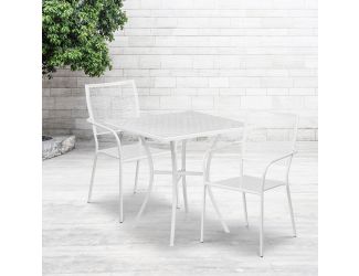 28" Square White Indoor-Outdoor Steel Patio Table Set with 2 Square Back Chairs