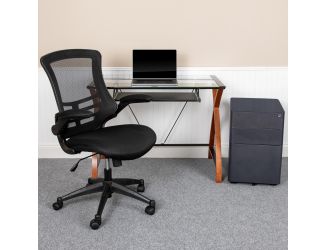 Office Set-Glass Computer Desk, Ergonomic Mesh Office Chair, Filing Cabinet