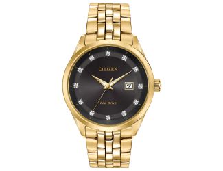 Men's Corso Eco-Drive Watch, Gold-Tone with Black Dial, Diamond Markers
