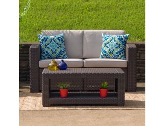 Chocolate Brown Faux Rattan Loveseat with All-Weather Beige Cushions