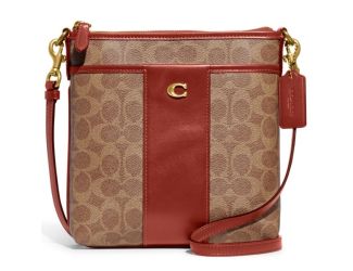 Colorblock Coated Canvas Signature Kitt Crossbody- Tan Rust/Brass