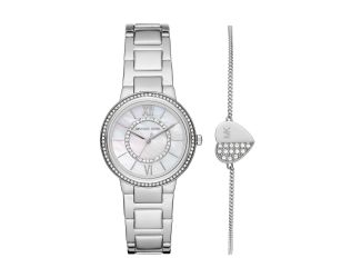 Ladies Gabbi Silver-Tone Watch & Heart Charm Bracelet Set Silver Dial