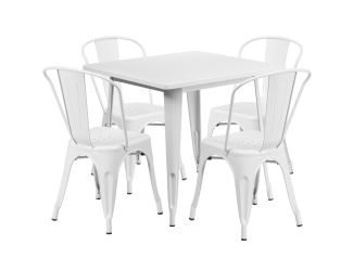 31.5" Square White Metal Indoor-Outdoor Table Set with 4 Stack Chairs