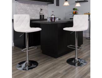 Contemporary Button Tufted White Vinyl Adjustable Barstool with Chrome Base