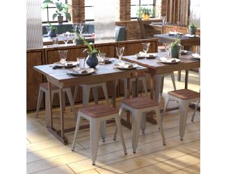 Set of 4 Silver 18" Table Height Indoor Stackable Metal Stool with Wood Seat