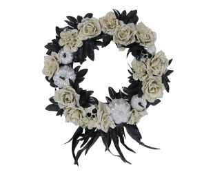 15-In. Halloween Black and Silver Floral Wreath with Glitter Pumpkins and Skulls for Haunted House H