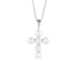 Sterling Silver Freshwater Cultured Pearl Cross 16-18" Necklace