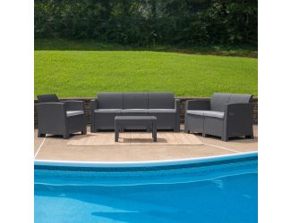 4 Piece Outdoor Faux Rattan Chair, Loveseat, Sofa and Table Set in Dark Gray