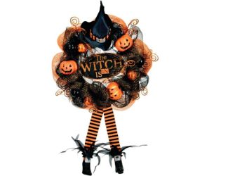 24-in. Halloween Wreath with Witch Hat and Legs, Pumpkins, and Ornaments