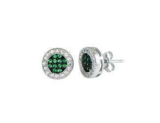 PARIKHS Rhodium Plated Clear and Green CZ Halo Stud Earring in 925 Sterling Silver