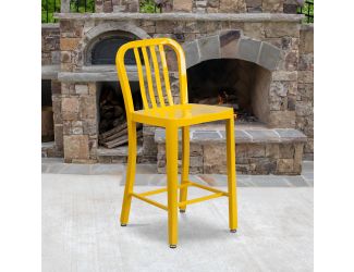 24" High Yellow Metal Indoor-Outdoor Counter Height Stool w/ Vertical Slat Back