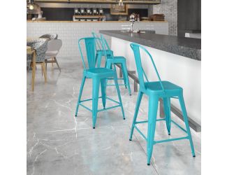 24" High Crystal Teal-Blue Metal Indoor-Outdoor Counter Height Stool with Back